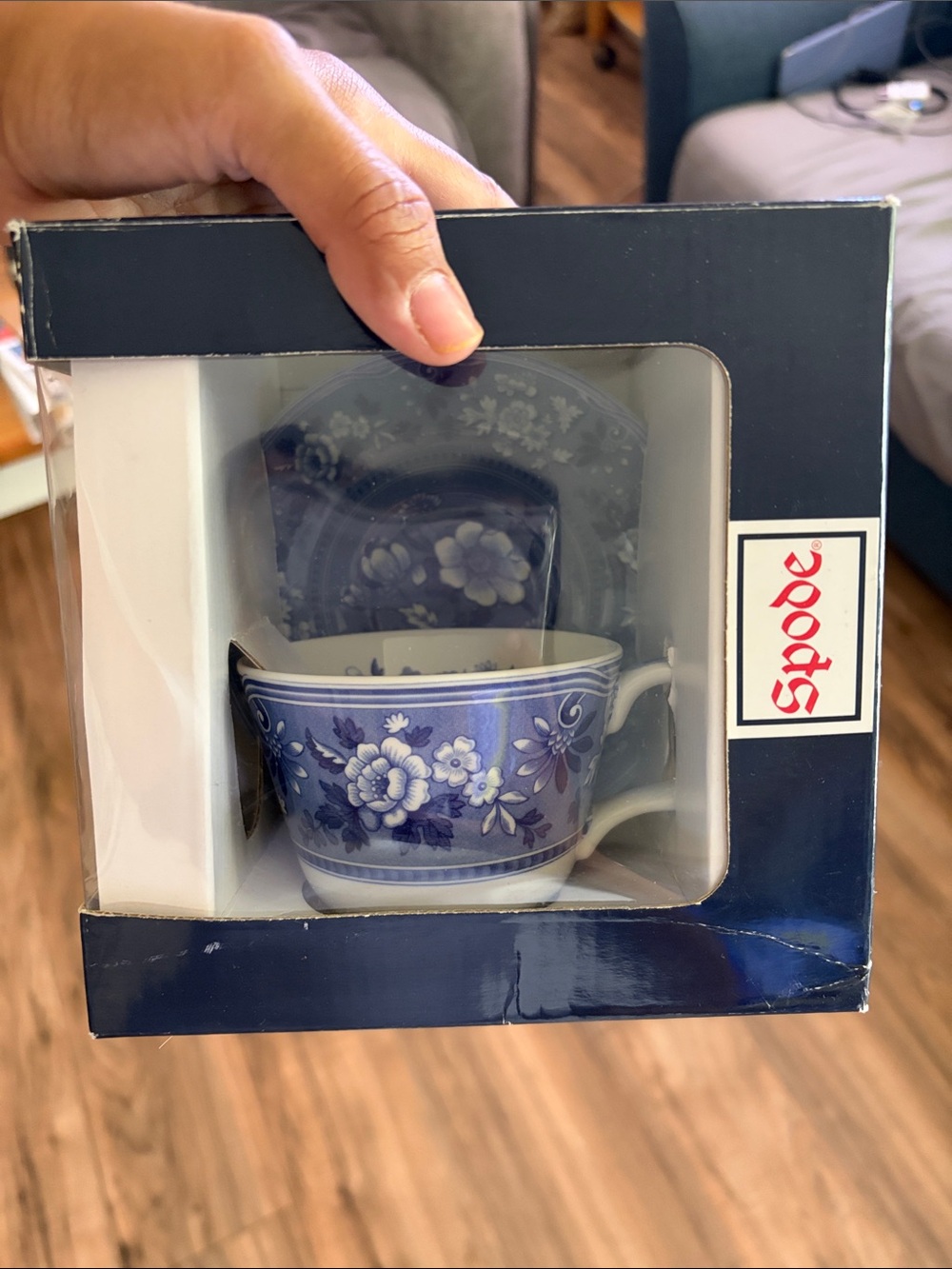Spode Blue and White Floral Teacup and Saucer